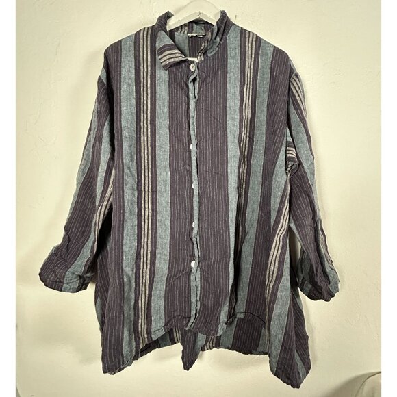 Bryn Walker Womens Striped Button-Down Linen Tunic Shirt Medium Purple Lagenlook - Picture 1 of 9